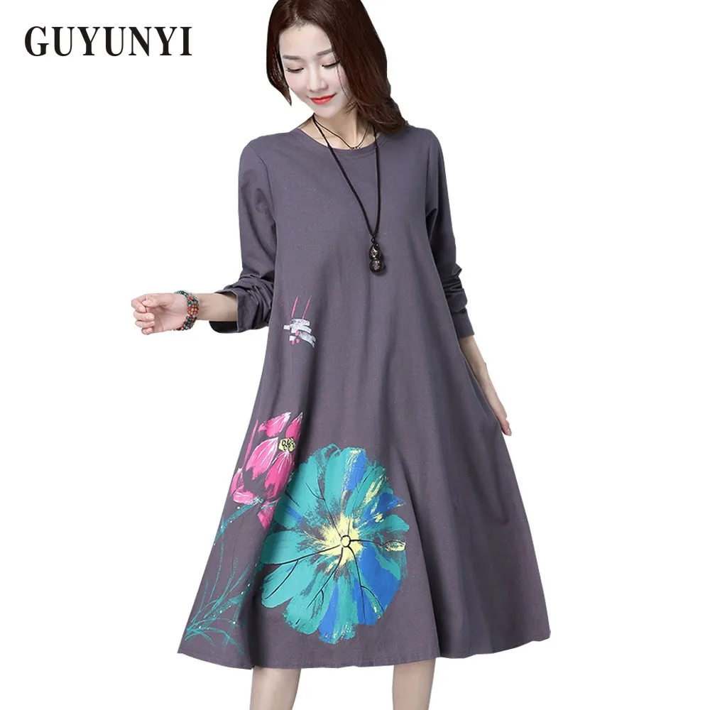 

GUYUNYI Women's Dresses New Arrival Spring Simple Printing Linen Dresses Casual Loose Dress O Neck Long Sleeve Plus Size Dress