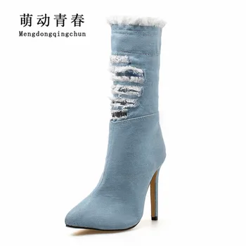 

New Autumn Women Boots Mid-calf Hollow Out Denim Sewing Chelsea Botas Pointed Toe High Heels Blue Ladies Jeans Boots Mujer