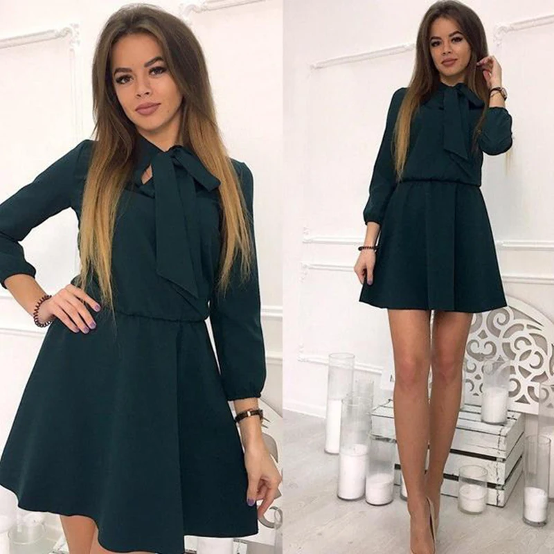 

Wavaiov Women Bow Causal Party Dress Wrist Sleeve A-line O neck Solid Vintage Dress 2018 Spring Plus Size Women Mini Dresses