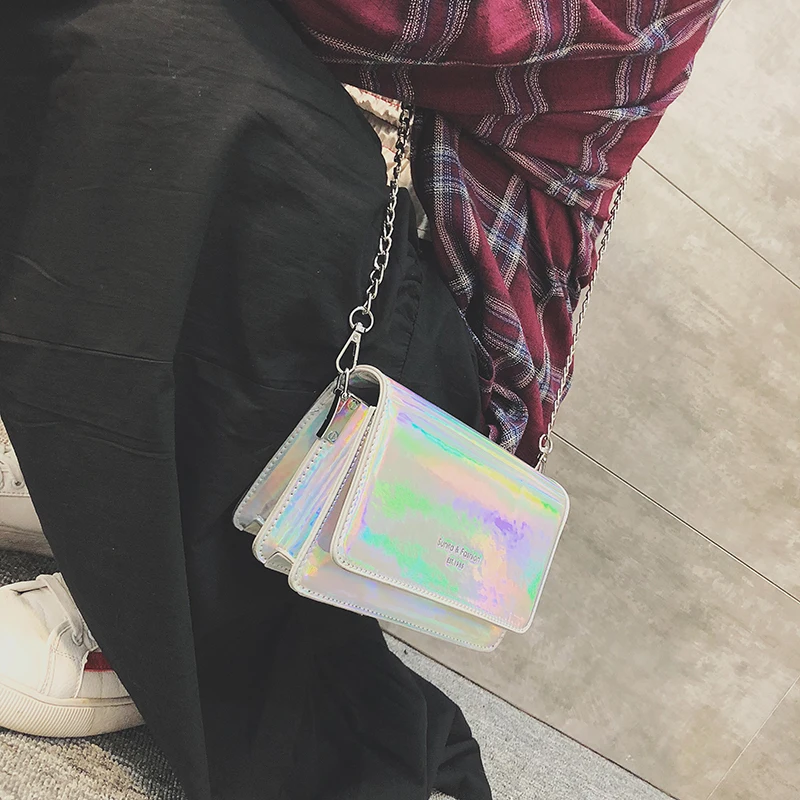 

Women's Bag 2018 Girl Messenger Bag Shoulder Bag Holographic Lighting Leather Trend Holographic Laser Bag Sweet Candy Color