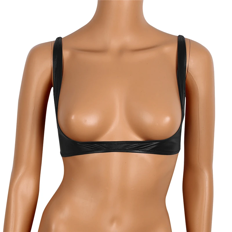 Sexy Women's Exposed Breasts Nipples Bra Lingerie Fashion Faux Leather Adjustable Wire-free Open Cup Shelf Bra Nightclub Wear