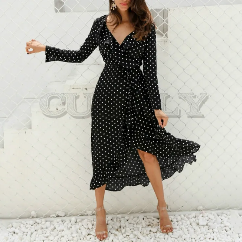Image CUERLY Polka dot ruffle wrap long dress Women Split long sleeve spring casual dress 2019 Streetwear black maxi dress CUERLY