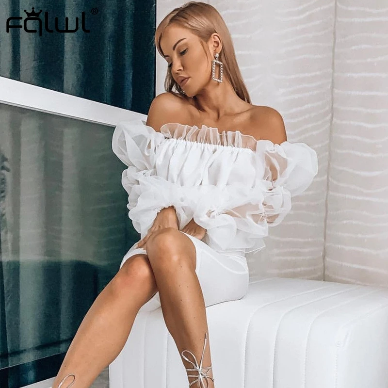 

FQLWL Ladies Ruffles Mesh White Tank Top Women T Shirt Backless Strapless Sexy Club Crop Top Female Cropped Summer Short Tops