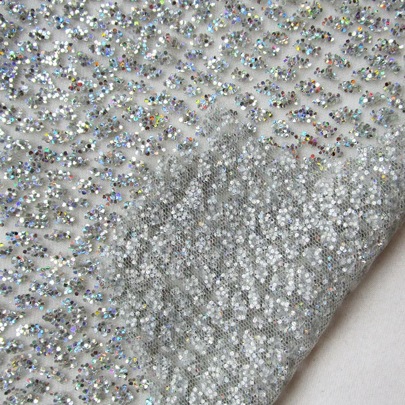 

1 Yard Silver Glitter Sequins Mesh Lace Fabric Wedding Dress French African Laces High Quality African Net Lace Fabric Tissus