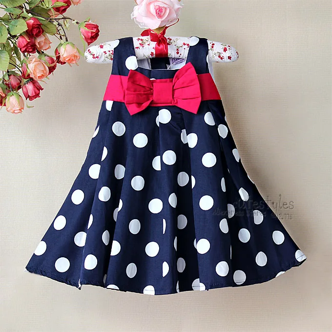 Baby Girls Princess Navy Blue Dresses Polka Dot Toddler Girl Hot Pink Bow Party Dress Kids