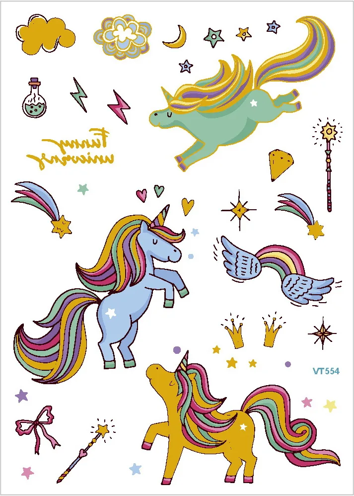 6pcs/pack kids tattoo sticker children horse tattoo cartoon unicorn tattoo kids glitter gold tattoo waterproof girl tatoo fake