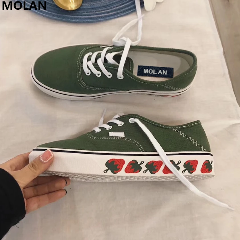 

MOLAN Brand Designers 2019 Summer High Quality Sweet Strawberry Cross Tie Woman Flats Platform Shoes Green Orange 35-39
