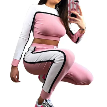 

LAAMEI Fashion Long Sleeves Women Set Girls Crop Tops High Waist Pants Autumn Ladies Round Neck Suit Fashion Street Wear