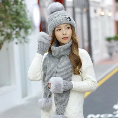 Модная женская зимняя шапка шарф наборы перчаток для девочек теплая Толстая шапка и перчатки набор из трех частей сплошной вязаный набор шапки и шарфа для Feamle - Цвет: gray