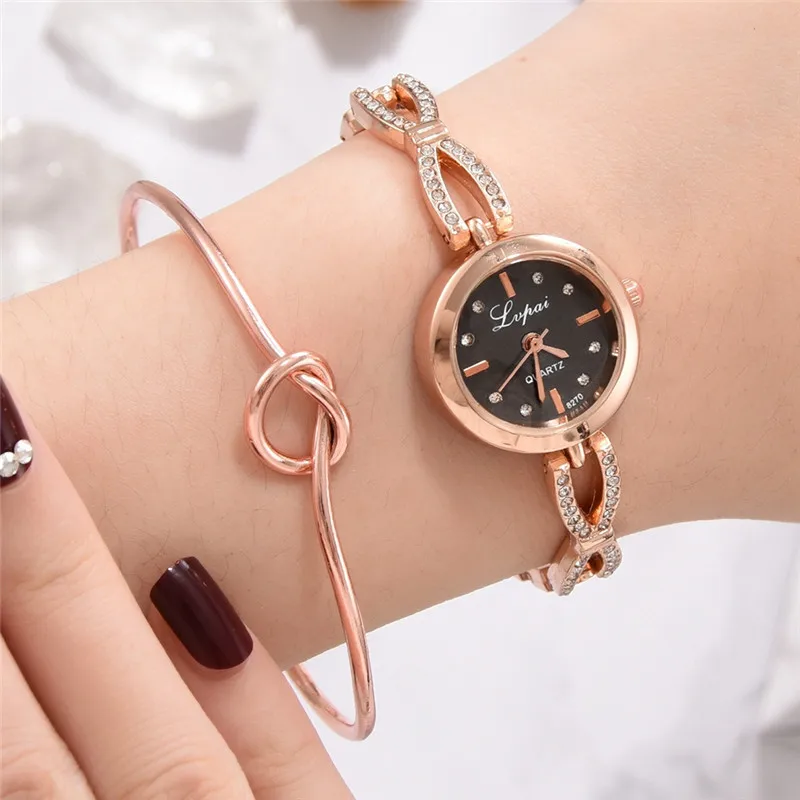 

Womens Watches 2pcs/Set Luxury Fashion Simple Diamond Strap Watch Heart Shaped Knot Bracelet Zegarek Damski Relojes De Mujer
