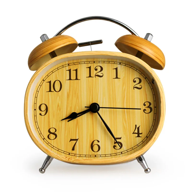 

4.5 Inch Mute Twin Bell Alarm Clock Ringing Metal Imitation Wood Grain Retro Clock Gift For Student Oval Shape