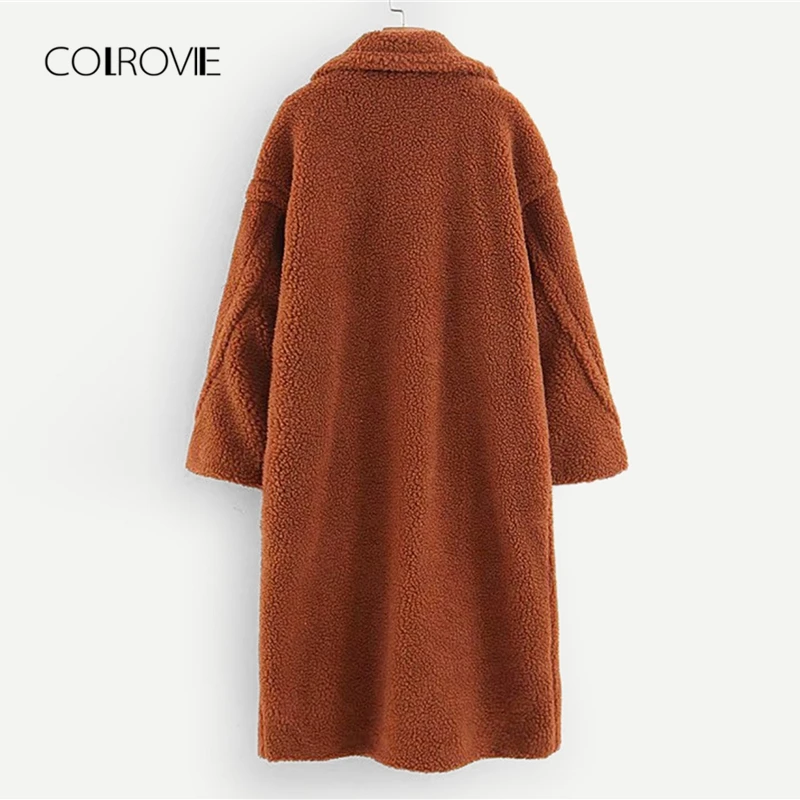 COLROVIE Brown Solid Pocket Open Front Casual Teddy Coat Women Autumn Fashion Warm Long Coat Office Ladies Elegant Outwear