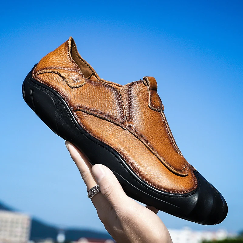 Мужские туфли на плоской подошве из натуральной кожи большого размера; лоферы из натуральной кожи без застежки; повседневная обувь для мужчин; качественные Мокасины - Цвет: Коричневый