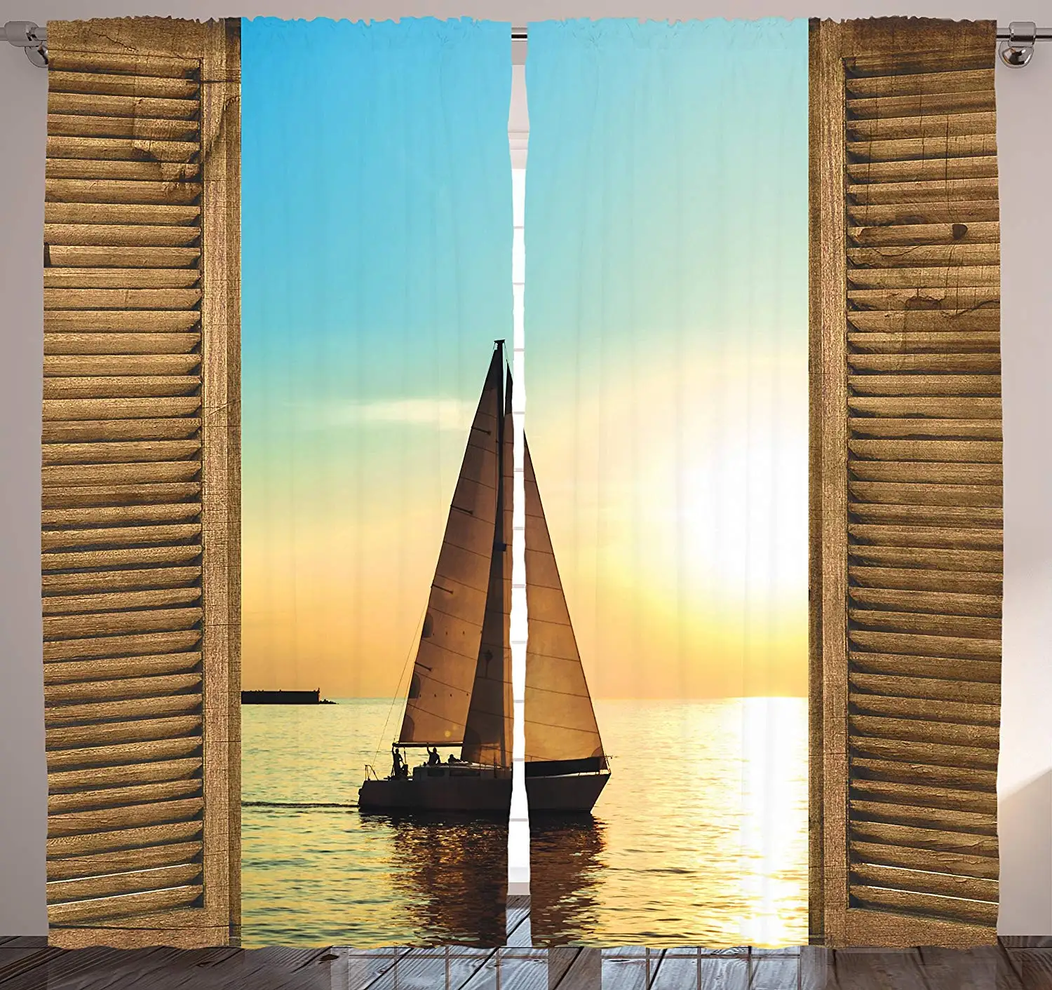 

Ocean Decor Curtains Sail Boat Through Wooden Windows Nautical Scenery View Picture Window Drapes for Living Room Bedroom