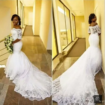 

2019 New White Mermaid Off the Shoulder African Wedding Dresses Half Sleeves Beaded Lace Buttons Back Black Women Wedding Gown