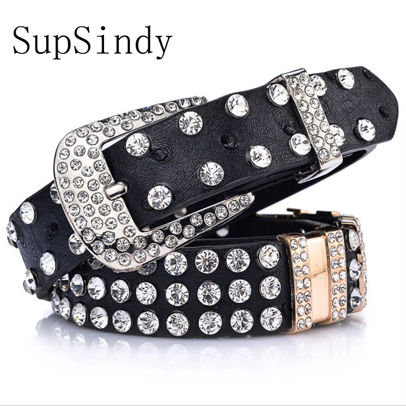 

SupSindy women belt pin buckle luxury Rhinestones punk black PU leather belts for women best quality Female Waistband for jeans