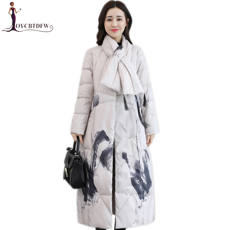 Winter Jacket Women Down Coat 2018 Fashion New Printing Parka Long Round neck High-end Covered Button Warm Female Outerwear l827