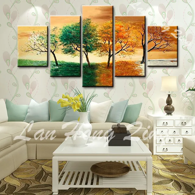 5 Panel Autumn Spring Decoration Tree Landscape Canvas Wall Art