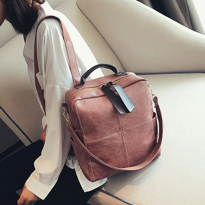 

Teenage Girls School Bags Women Multi-function Soft PU Zippers Backpacks Female Solid Large Capacity Travelling Bags 25*11*30cm