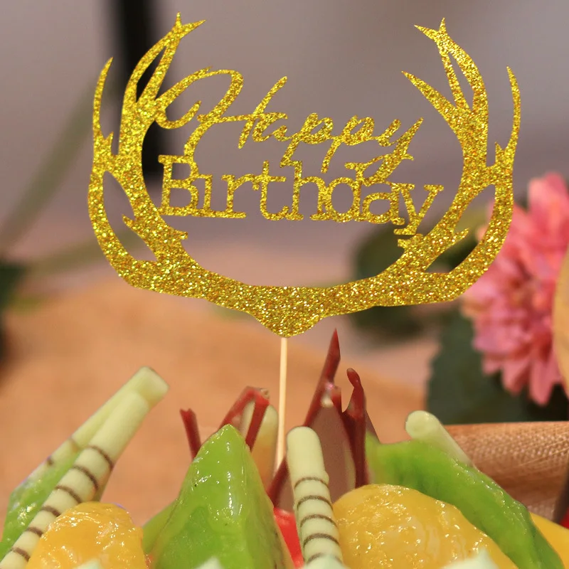 10pcs/lot DIY Glitter Gold Cake Topper Happy Birthdday Cake Flags For Birthday Wedding Party Cake Baking Decor Supplies New Year