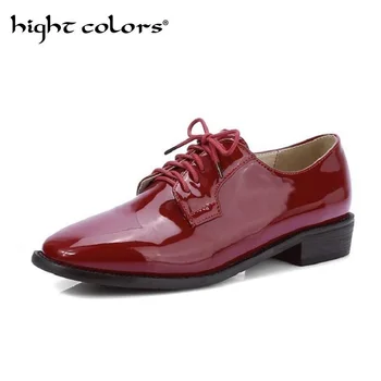 

New Black Red Square Toe Fashion Lace Up Patent Leather Women Flat Shoes Ladies Casual Shoes Big Size 34-43 Women Oxfords