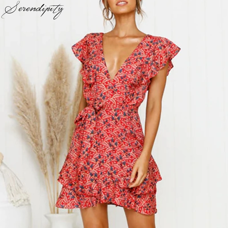 Short Sleeve Floral Print Beach Dress Deep V Neck Ruffle Mini Sexy Dress Summer Holiday Sweet Red Bohemian Sash Dress 2020 Short Sleeve Floral Print Beach Dress Deep V Neck Ruffle Mini Sexy Dress Summer Holiday Sweet Red Bohemian Sash Dress 2020
