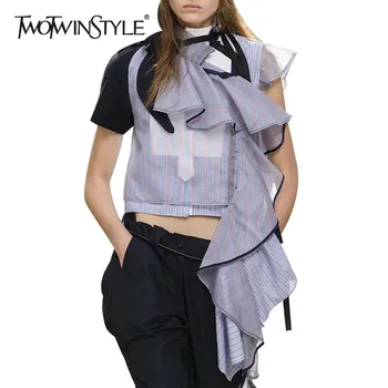 

TWOTWINSTYLE Summer Striped Women Blouse Stand Collar Short Irregular Ruffles Hit Color Patchwork Shirt Female Fashion 2020 New