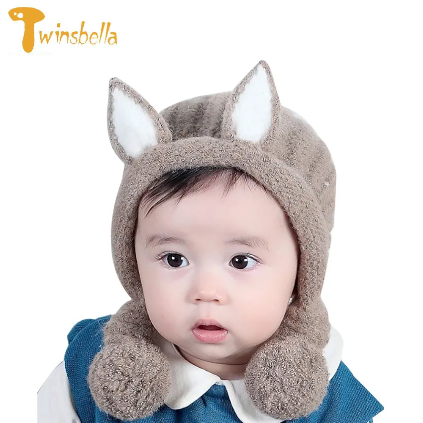 Children Warm Knitted Hat 2018 Toddler Kids Cute Ears Soft Cap Kids Double Fur Pom Solid Crochet Beanie Boys Girls Winter Bonnet