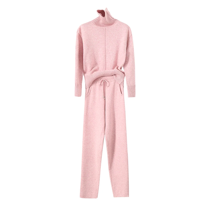 Mode Kaki Ensembles Se rose De Ciel Les Plein Sont Costume Précipités Laine Lourd Femmes Femelle Hiver Automne Tricoter Haut À Col 2018 Cachemire gris Pantalon Et pu Deux Nouveau gn5w0