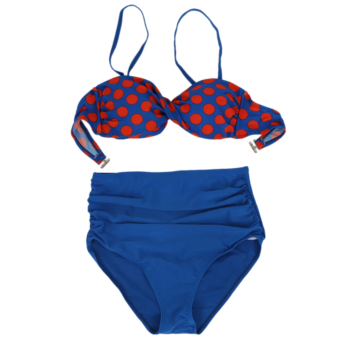 Sexy Womens Halterneck Orange Dots High Waist Bikini Set Gathered Chest