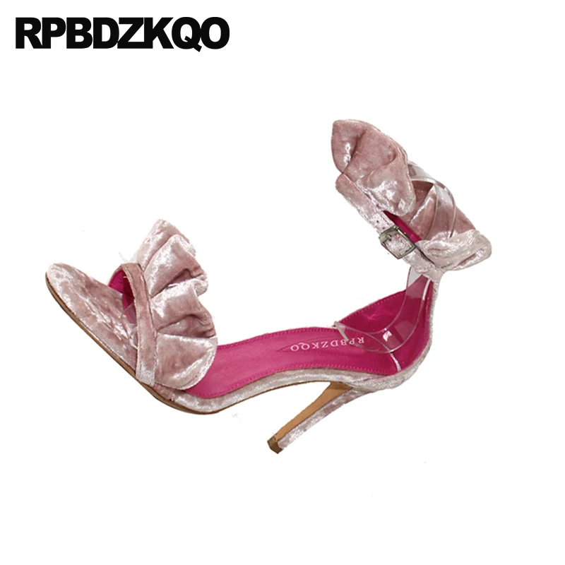 Chaussures Cheville Bout Haute 2017 Sangle Pompes Talons Designer Piste 2018 Sandales De Sexy Velours Ouvert À D'été Rose Femmes Stiletto Luxe FvHwf