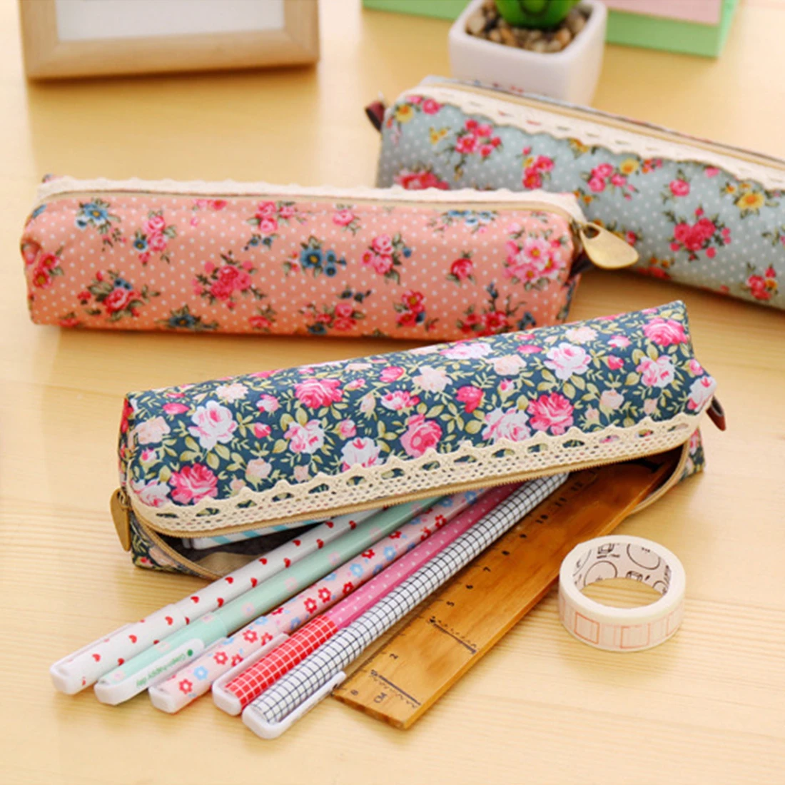 

FangNymph Pencil Bag Cute Kawaii Floral Flower Canvas Zipper Pencil Cases Lovely Fabric Flower Pen Bags School Supplies