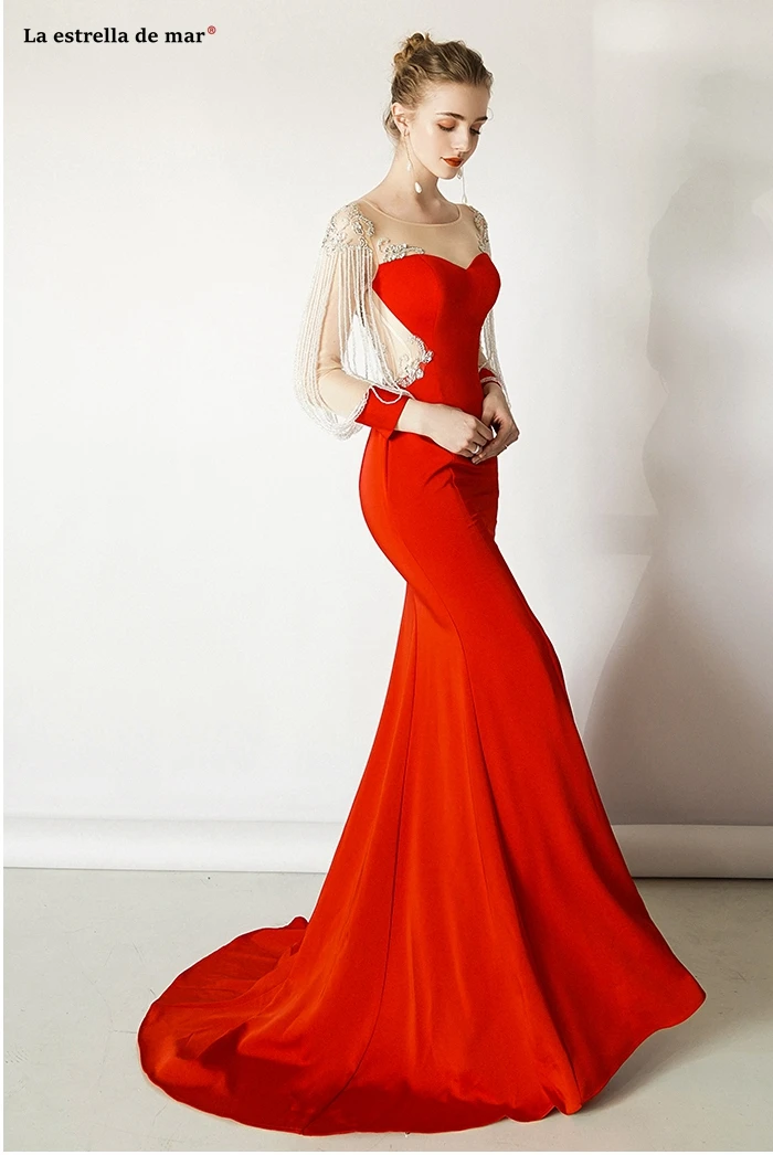 Arabische abendkleider lang новые кружевные красные с длинными рукавами и кристаллами, сексуальные турецкие вечерние платья с русалочкой, платье с