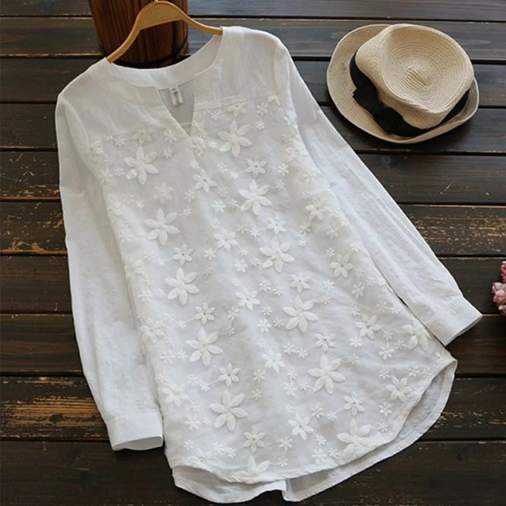 Белая женская офисная блузка размера плюс с v-образным вырезом и цветочной вышивкой, топы и блузки, свободные кружевные лоскутные рубашки с длинным рукавом 5xl - Цвет: Белый