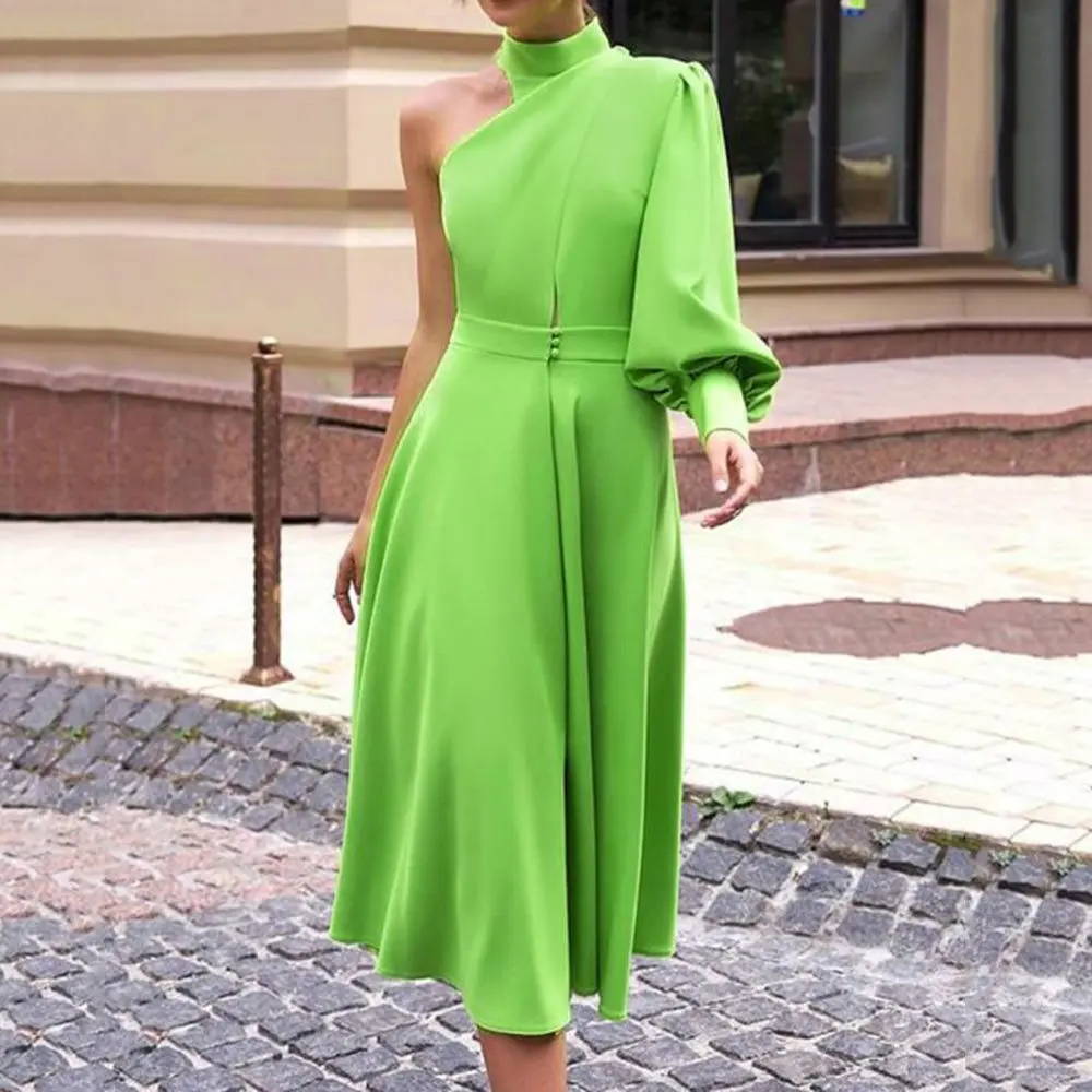 Long Lantern Lantern Sleeve Pullover Dress Women avocado Green One Shoulder Plus Size 4XL Dinner Party midi dress Female - Цвет: Зеленый