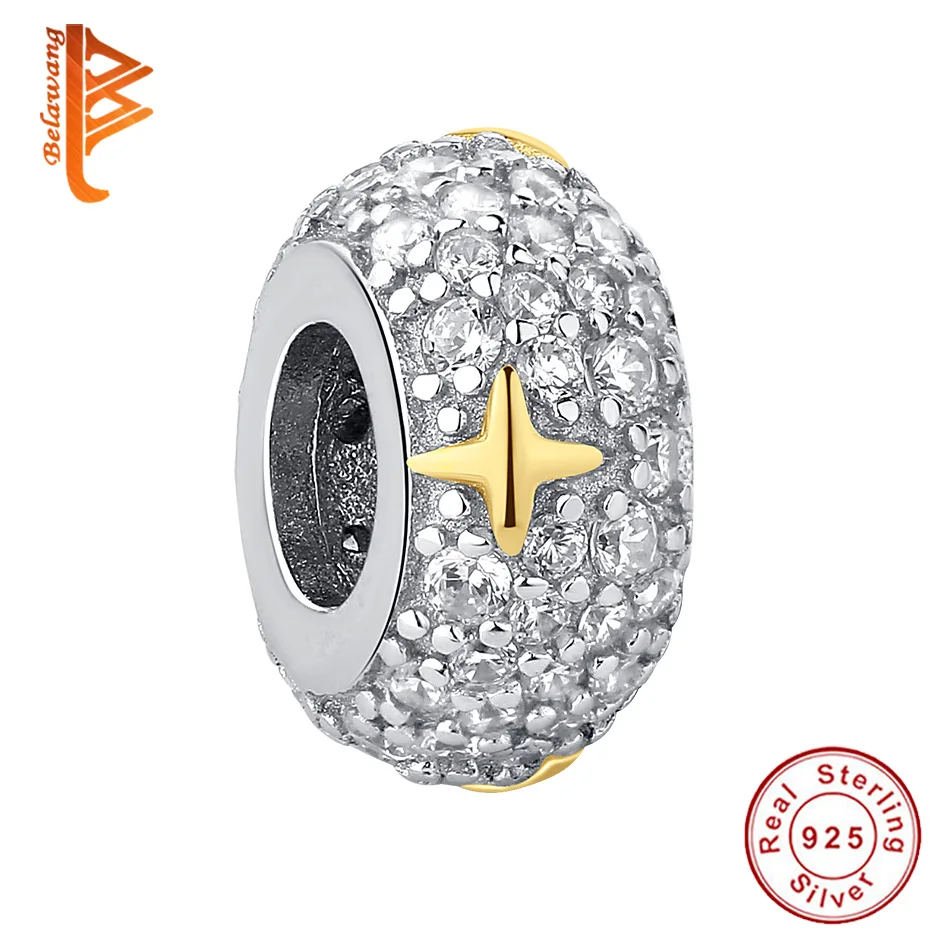 

BELAWANG Sterling Silver 925 Sparkling Shing Star CZ Crystal Beads fit Charm Bracelet Original DIY Female Jewelry