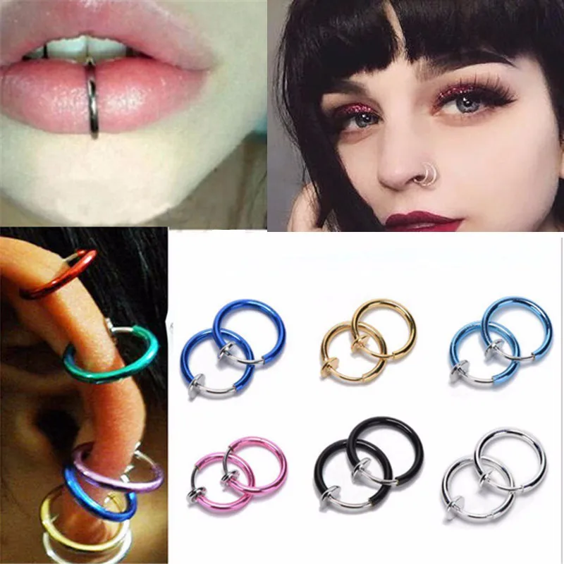 2 Piece Fake Nose Ring Goth Punk Lip Ear Nose Clip On Fake Septum