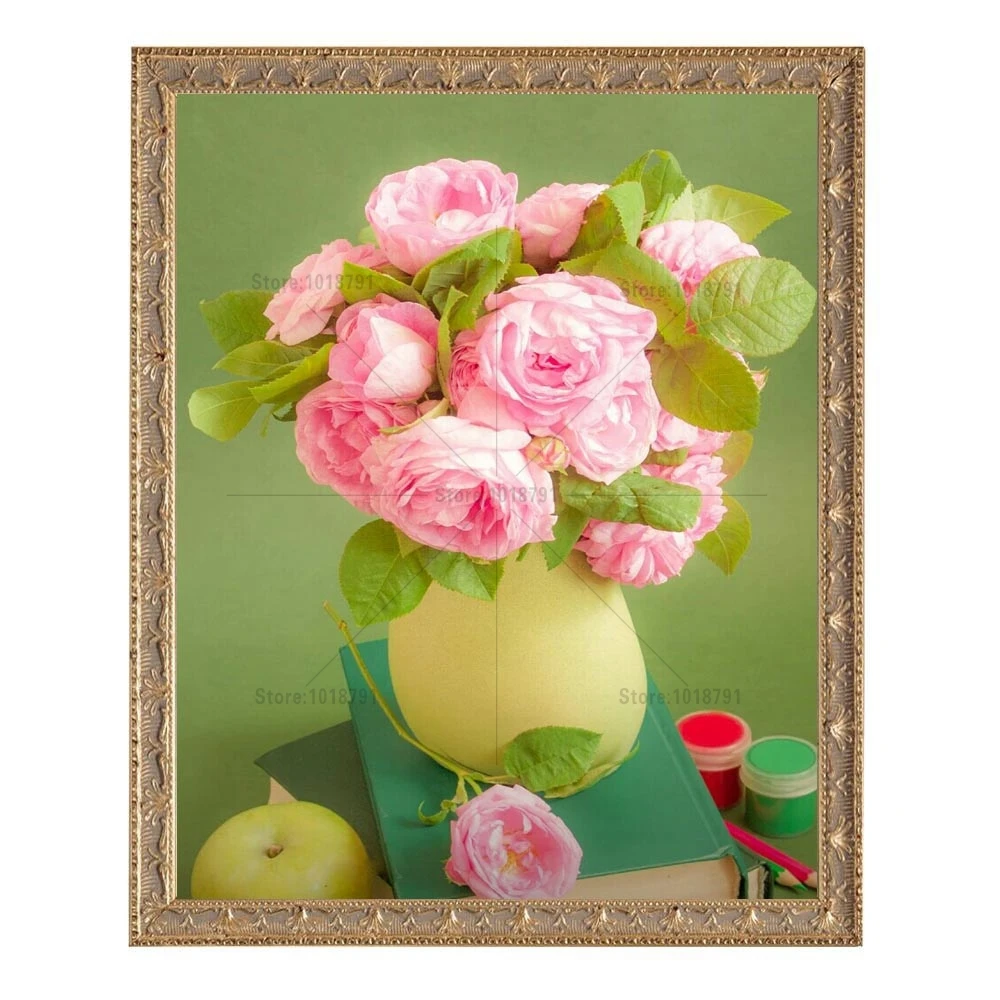 Chinese Cross Stitch Pink Flower Diamond mosaic Diamond Painting Cross Stitch Needlework Embroidery Machine Diamond embroidery