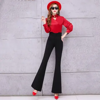 

Micro trousers Female Spring and Autumn 2018 New Korean version of the High waist Stretch Thin Flared pants Black Long pants