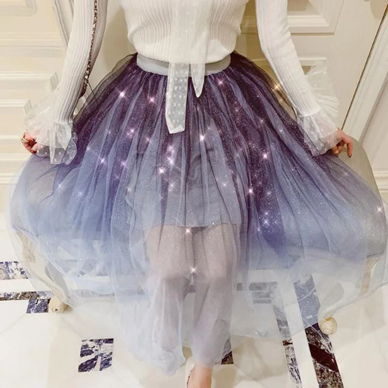 

Gradient mesh mesh skirt 2019 spring and summer new Korean version of the pleated mid-length skirt chic fairy skirts