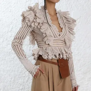 

2020 Autumn ZIM Hollow Out V Neck Ruffles Spliced Tops Women Shirt New Fashion office