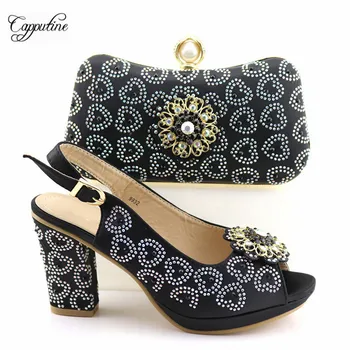 

Most fashion black sandal shoes with evening bag set with stones matching for lady dress T9932, heel height 9.3cm