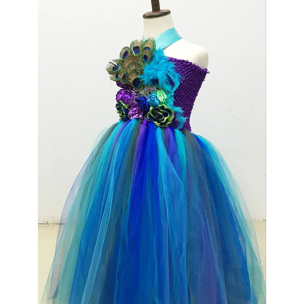 Elegant Princess Girl Peacock Dress for Kids Christmas Halloween Cosplay Tutu Dress Costume Flower Girl Feather Wedding Dress (9)