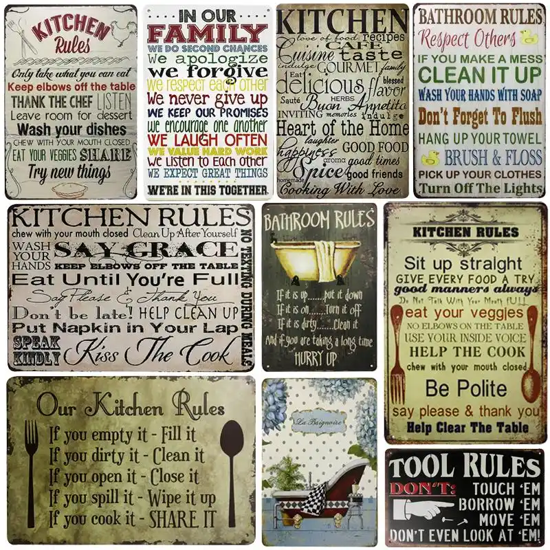 Sq Dglz Kitchen Rule Metal Sign Bar Wall Decoration Tin Sign