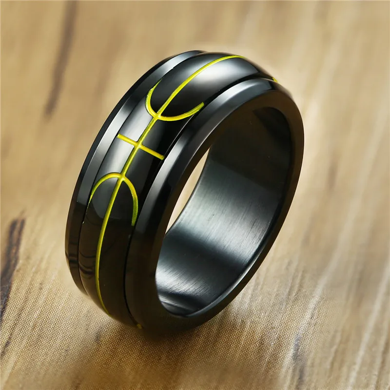 Modyle 2018 New Fashion 8mm Black Basketball Symbol Rotatable Stainless Steel Ring for Man
