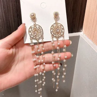 

2019 New Arrived Long Chain Pearl Tassel Drop Earrings Sweet Exaggerated Earrings For Women Girl's Gift