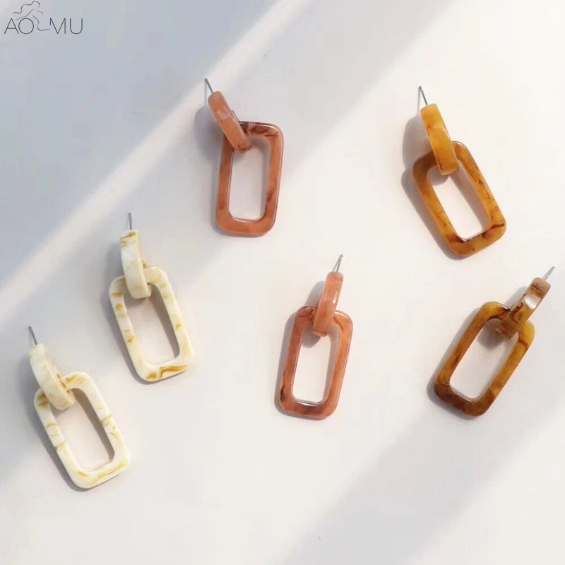 

AOMU 2018 New Vintage Acrylic Geometry Square Small Round Circle Link Simple Long Drop Earrings for Women Girl Jewelry