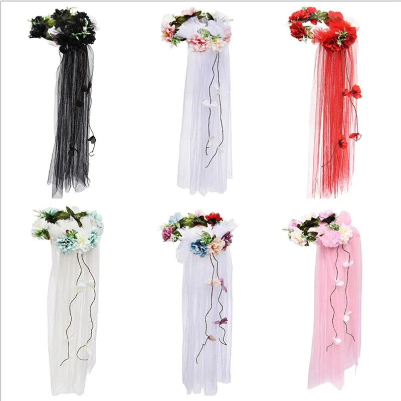 

Womens Bridal Wedding Garland Tulle Veil Seaside Holiday Rainbow Artificial Flowers Crown Long Vine Ribbon Headband Hair Wreath