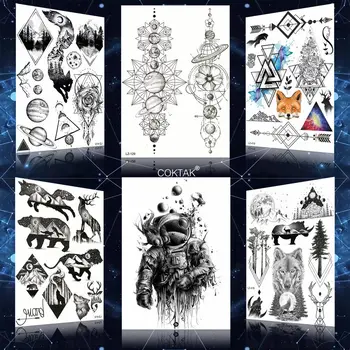 

COKTAK Large Braceket Planets Temporary Tattoos For Men Women Girl Boys Geometry Moon Space Man Black Custom Tattoo Stickers Kid