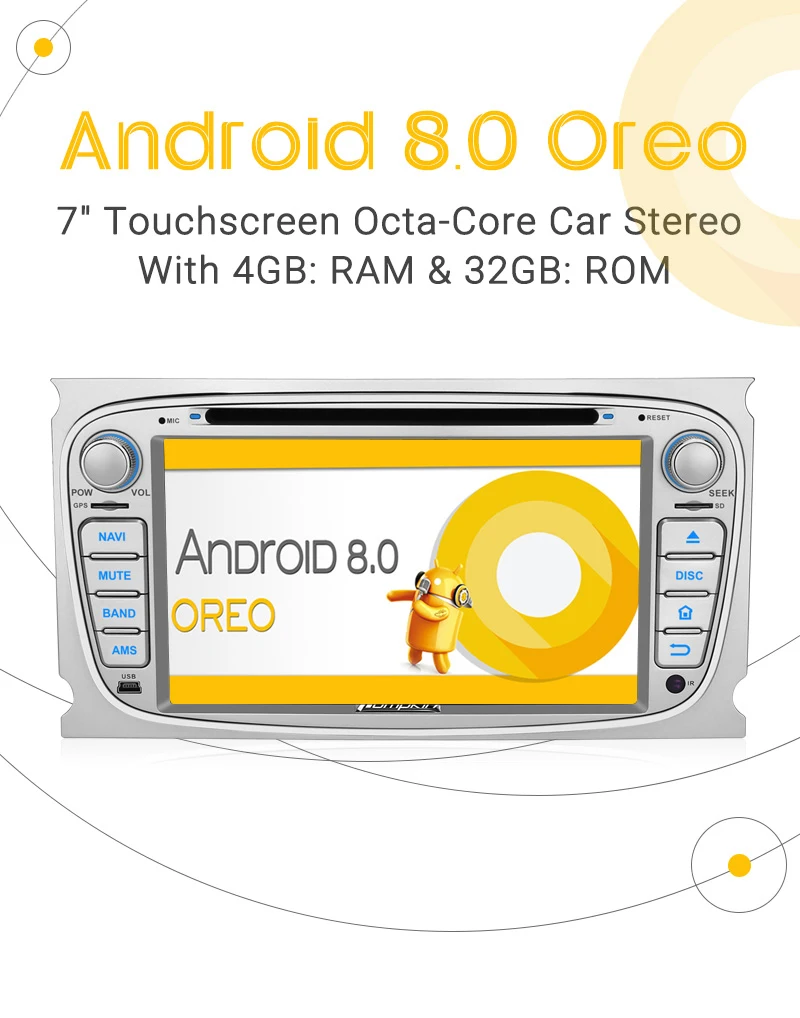 Excellent Pumpkin2 Din 7"Android 8.0 Car DVD Player GPS Navigation Qcta-Core 4G RAM Car Stereo For Ford Focus/Mondeo Wifi 4G OBD2 Headunit 1